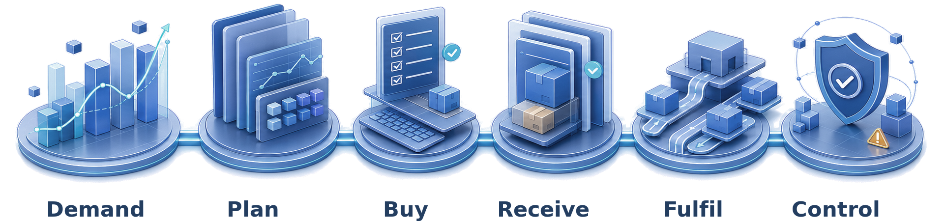 A connected journey from demand and planning through buying, receiving, fulfilment and control.