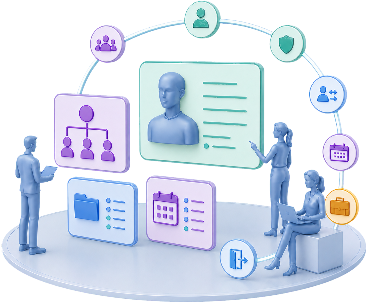 A controlled employee lifecycle connecting organisation, employee records, documents, leave and lifecycle events.