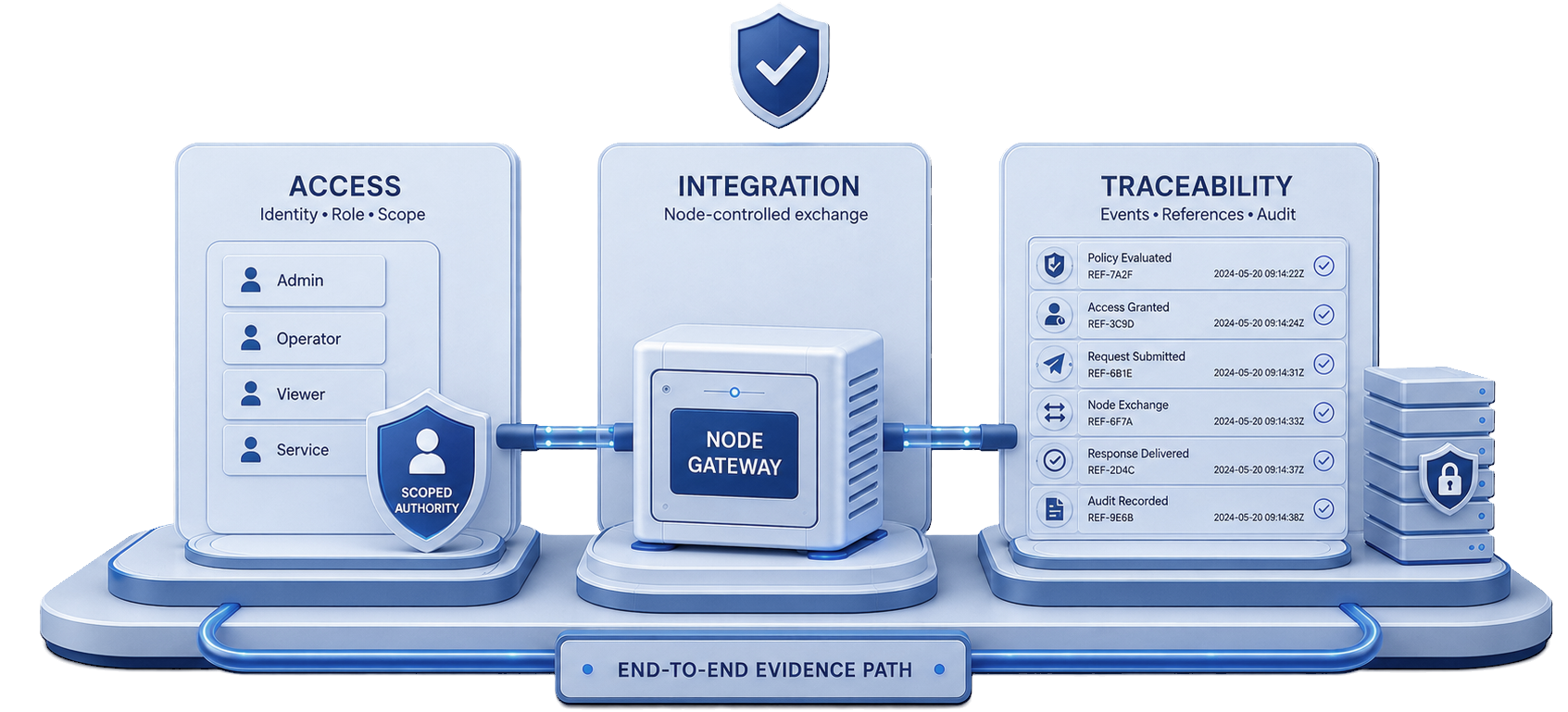 Prism security architecture connecting Access, Integration and Traceability through the Node Gateway.