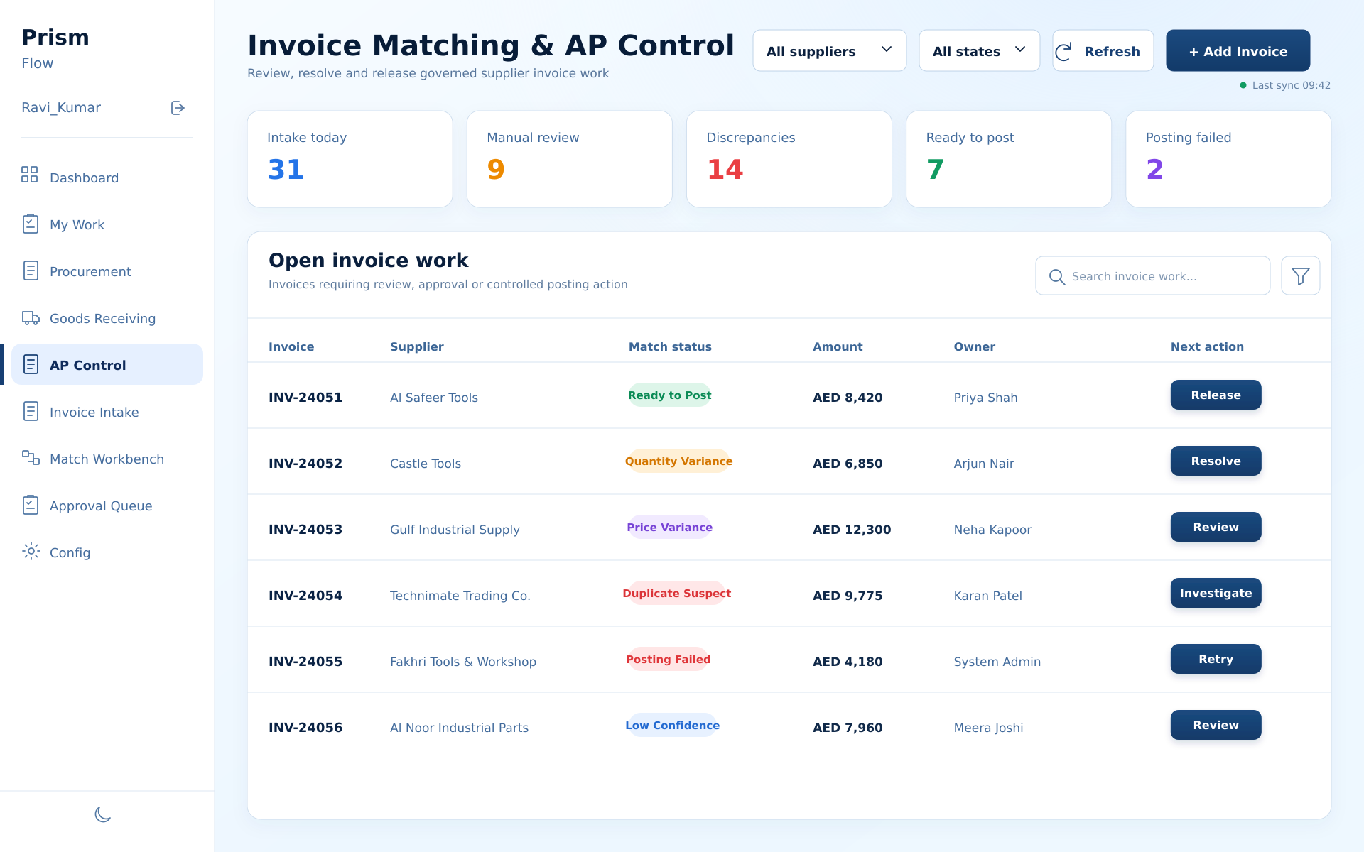 Prism Invoice Matching and AP Control screen showing invoice intake, match status, discrepancy ownership and controlled posting actions.