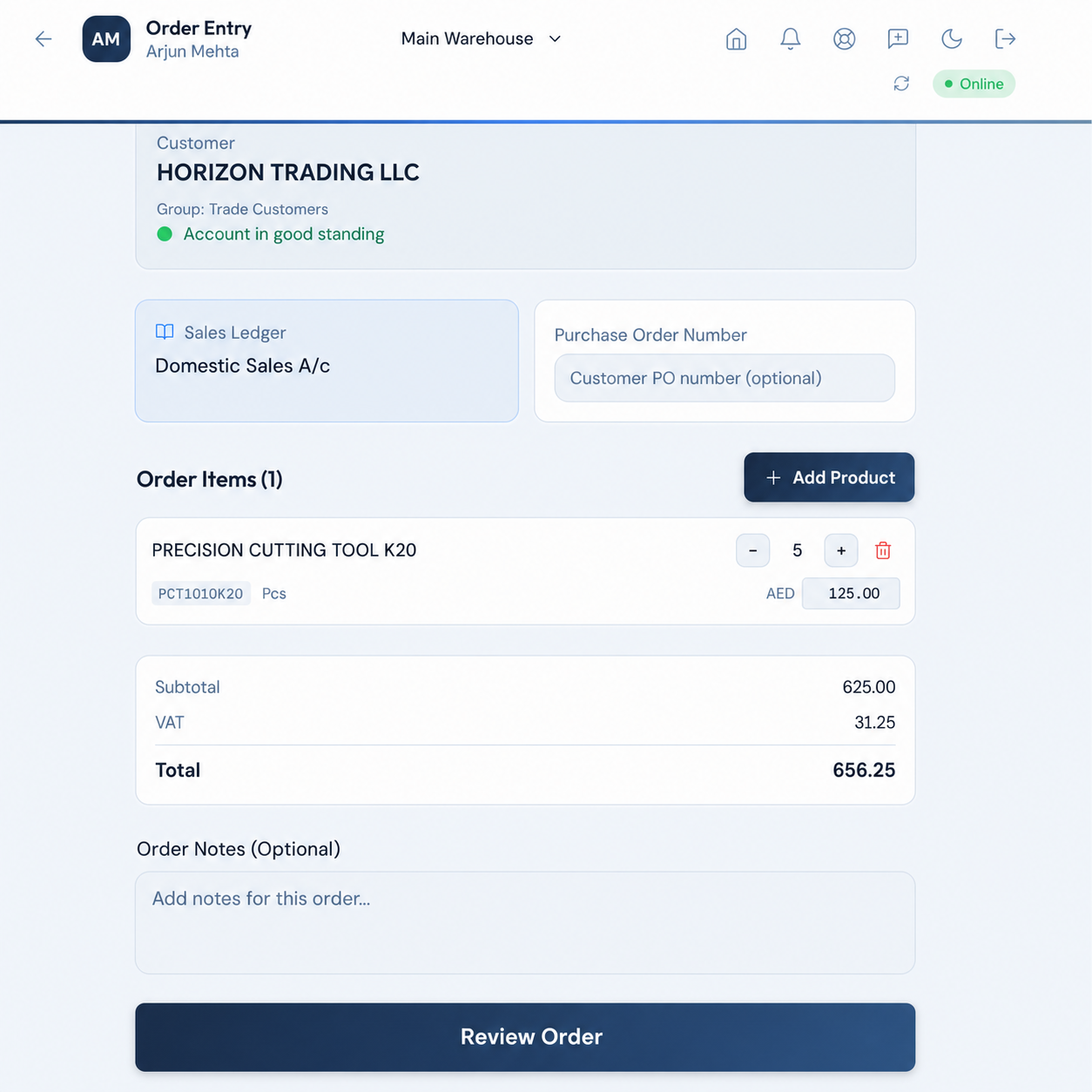 Prism Order Entry showing customer context, product pricing, VAT totals and order review